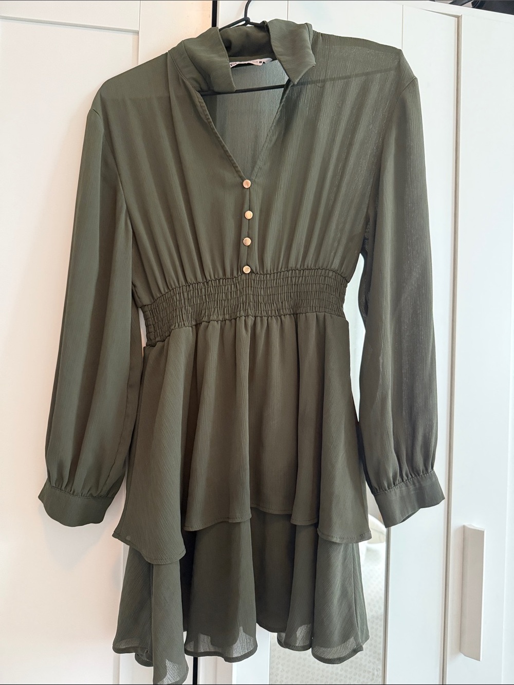 Zara Olive Green Long Sleeve Tiered Dress